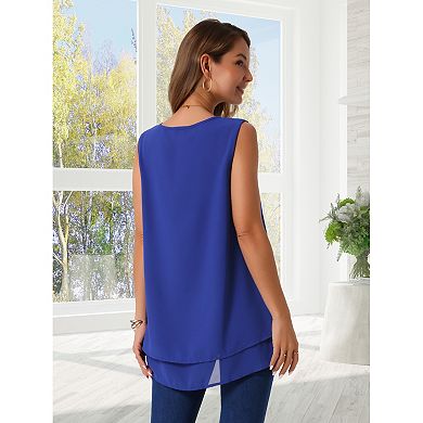 Women's Chiffon Blouse V Neck Sleeveless Casual Tops Asymmetrical Hem Double Layer Flowy Tunic Shirt
