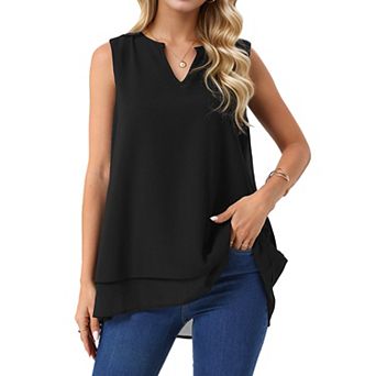 Women's Chiffon Blouse V Neck Sleeveless Casual Tops Asymmetrical Hem Double Layer Flowy Tunic Shirt