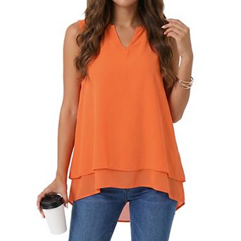 Women's Chiffon Blouse V Neck Sleeveless Casual Tops Asymmetrical Hem Double Layer Flowy Tunic Shirt
