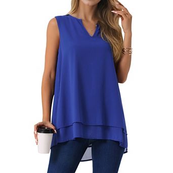 Women's Chiffon Blouse V Neck Sleeveless Casual Tops Asymmetrical Hem Double Layer Flowy Tunic Shirt