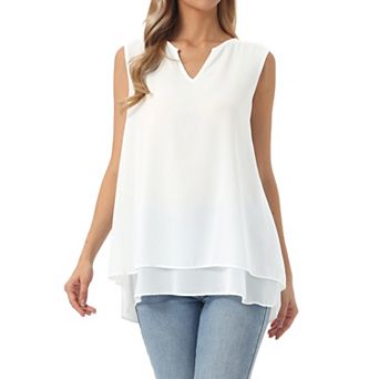 Women's Chiffon Blouse V Neck Sleeveless Casual Tops Asymmetrical Hem Double Layer Flowy Tunic Shirt