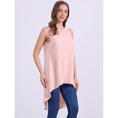Women's Casual High Low Blouse Sleeveless Crewneck Asymmetrical Hem Flowy Tops