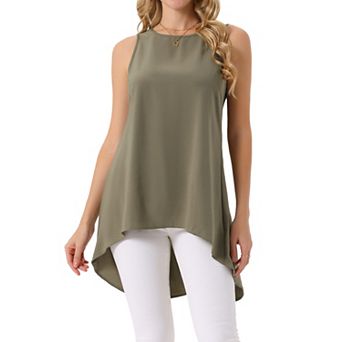 Women's Casual High Low Blouse Sleeveless Crewneck Asymmetrical Hem Flowy Tops