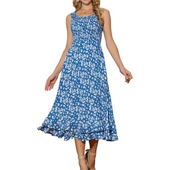 Women's Summer Dresses Scoop Neck Sleeveless Ruffle Hem Tiered Floral Midi Sundress with Pockets