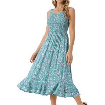 Women's Summer Dresses Scoop Neck Sleeveless Ruffle Hem Tiered Floral Midi Sundress with Pockets