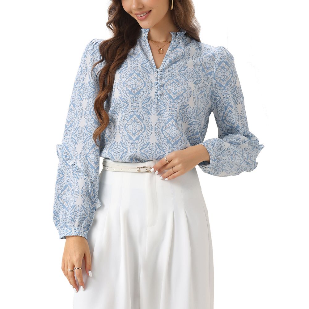 Long Sleeves V-Neck Printing Casual Loose Pullover Blouse Top