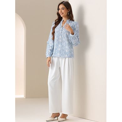 Casual V Neck Blouse for Women's Long Sleeve Print Loose Boho Blouses Top