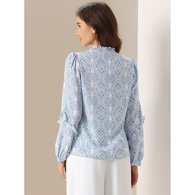 Casual V Neck Blouse for Women's Long Sleeve Print Loose Boho Blouses Top