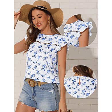 Floral Print Tops for Women's Flying Sleeve Round Neck Lace Patchwork Summer Top