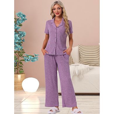 Women's Lounge Set Knit Solid Pajama Set Short Sleeve Full Length PJ Set
