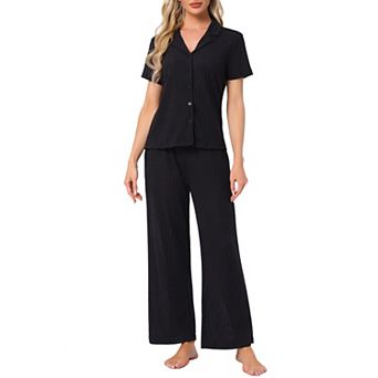Women's Lounge Set Knit Solid Pajama Set Short Sleeve Full Length PJ Set