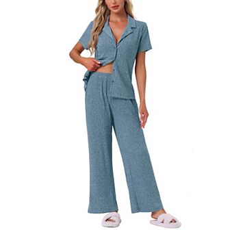 Women's Lounge Set Knit Solid Pajama Set Short Sleeve Full Length PJ Set