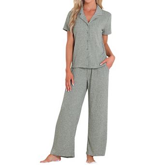 Women's Lounge Set Knit Solid Pajama Set Short Sleeve Full Length PJ Set