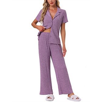 Women's Lounge Set Knit Solid Pajama Set Short Sleeve Full Length PJ Set