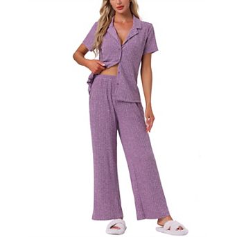 Women's Lounge Set Knit Solid Pajama Set Short Sleeve Full Length PJ Set