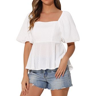 Women's Summer Peplum Tops Square Neck Ruffle Trim Short Sleeve Blouse Dressy Casual Shirts Blouses