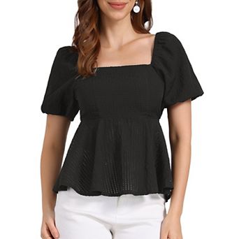 Women's Summer Peplum Tops Square Neck Ruffle Trim Short Sleeve Blouse Dressy Casual Shirts Blouses