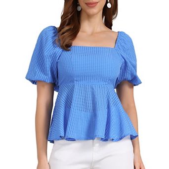 Women's Summer Peplum Tops Square Neck Ruffle Trim Short Sleeve Blouse Dressy Casual Shirts Blouses