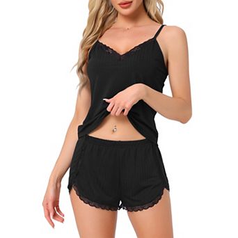 Women's Pajama Sets Lingerie Soft Sleepwear 2 pc Cami Shorts Pj Set V Neck Lace Nightwear