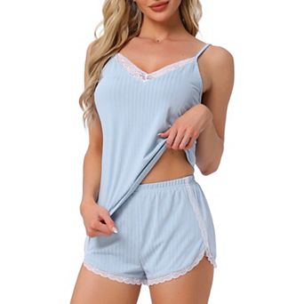 Women's Pajama Sets Lingerie Soft Sleepwear 2 pc Cami Shorts Pj Set V Neck Lace Nightwear