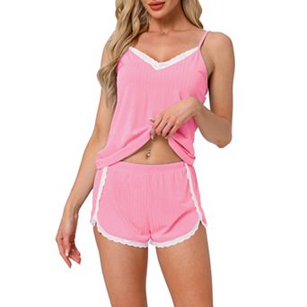 Women's Pajama Sets Lingerie Soft Sleepwear 2 pc Cami Shorts Pj Set V Neck Lace Nightwear