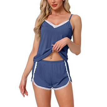 Women's Pajama Sets Lingerie Soft Sleepwear 2 pc Cami Shorts Pj Set V Neck Lace Nightwear