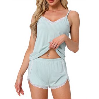 Women's Pajama Sets Lingerie Soft Sleepwear 2 pc Cami Shorts Pj Set V Neck Lace Nightwear