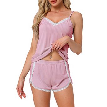 Women's Pajama Sets Lingerie Soft Sleepwear 2 pc Cami Shorts Pj Set V Neck Lace Nightwear