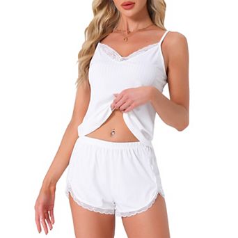 Women's Pajama Sets Lingerie Soft Sleepwear 2 pc Cami Shorts Pj Set V Neck Lace Nightwear