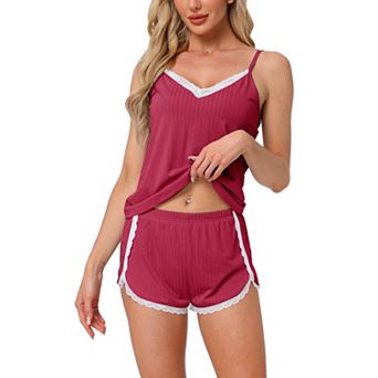 Women's Pajama Sets Lingerie Soft Sleepwear 2 pc Cami Shorts Pj Set V Neck Lace Nightwear