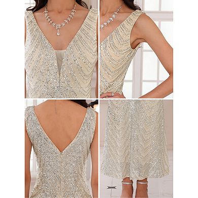 Women's Sequin Evening Dress V Neck Sleeveless Cocktail Maxi Gown Dresses