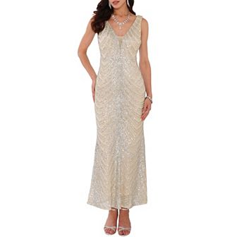Women's Sequin Evening Dress V Neck Sleeveless Cocktail Maxi Gown Dresses