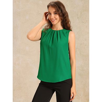 Summer Tank Tops for Women's Pleated Crew Neck Sleeveless Solid Casual Tops