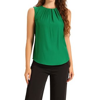Summer Tank Tops for Women's Pleated Crew Neck Sleeveless Solid Casual Tops