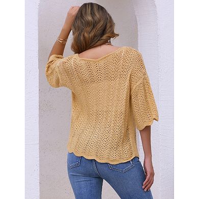 Women's Short Sleeve Blouse Hollow Out Summer Crochet Tops