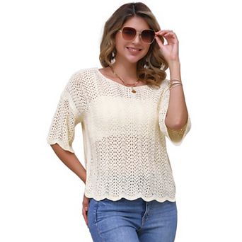 Women's Short Sleeve Blouse Hollow Out Summer Crochet Tops