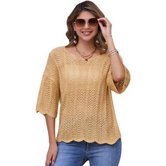 Women's Short Sleeve Blouse Hollow Out Summer Crochet Tops