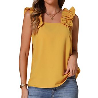 Sleeveless Top for Women's Ruffle Trim Square Neck Solid Casual Blouse Shirts