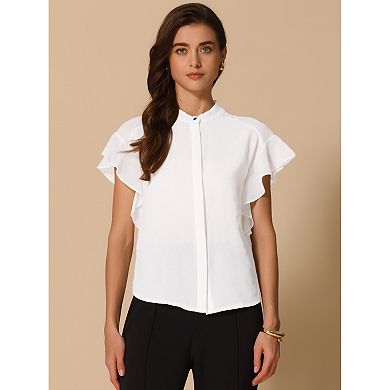 Women's Solid Stand Collar Ruffle Sleeve Work Business Office Casual Outfits Shirts