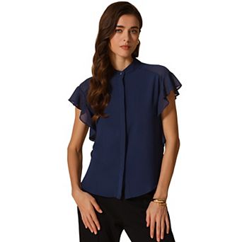 Women's Solid Stand Collar Ruffle Sleeve Work Business Office Casual Outfits Shirts