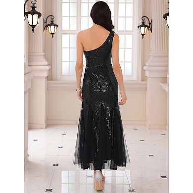 Women's Sequin Cocktail Dress Maxi One Shoulder Mermaid Prom Evening Wedding Dresses
