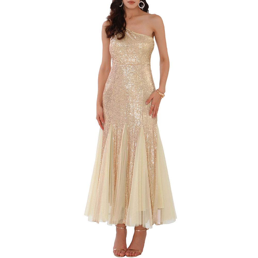 Sequin one-shoulder cocktail dress in red waterfall main image 1