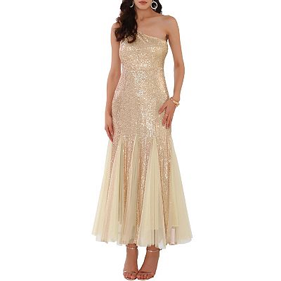 Women's Sequin Cocktail Dress Maxi One Shoulder Mermaid Prom Evening  Wedding Dresses