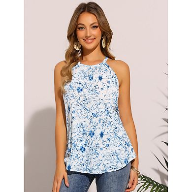 Sleeveless Blouse for Women's Floral Casual Elegant Tie Back Halter Neck Tops