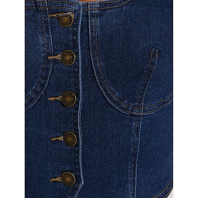 Denim Vest Top for Women's Sleeveless Square Neck Button Down Jean Waistcoat