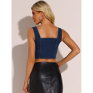 Denim Vest Top for Women's Sleeveless Square Neck Button Down Jean Waistcoat