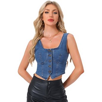 Denim Vest Top for Women's Sleeveless Square Neck Button Down Jean Waistcoat