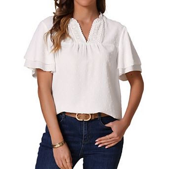 White Blouse for Women's V Neck Ruffle Short Sleeve Swiss Dot Blouses Dressy Casual Cute Summer Tops