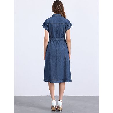 Denim Dress for Women's Casual Button Down Short Sleeves Belted Midi Dress