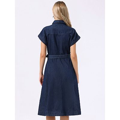 casual knee length denim dress Slaydiva Dark Wash Plus Size Denim Dresses Maxi Midi Jean Sundress Short Sleeve Knee Length Shirt Collar Flared Hem High Waist Casual Regula,1XL
